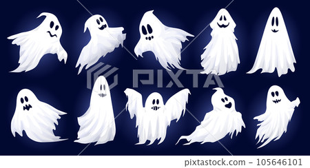 Set of halloween ghosts. Halloween scary spirits in different poses. Spooky flying phantom ghosts vector symbols illustrations set. Set of halloween ghosts. Halloween scary spirits in different poses. Spooky flying phantom ghosts vector symbols illustrations set. 105646101