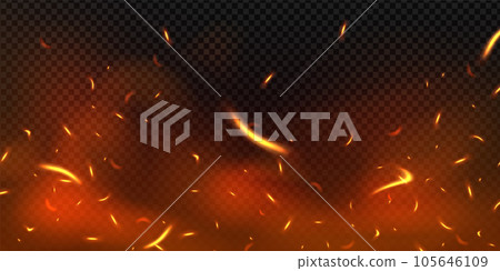 Fire flying sparks background. Vector realistic heat effect of flame in bonfire, isolated on transparent background. Fire flying sparks background. Vector realistic heat effect of flame in bonfire, isolated on transparent background. 105646109