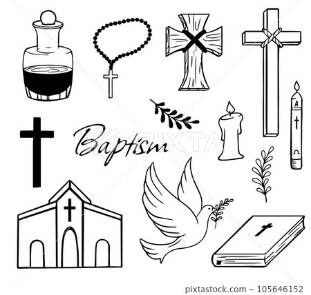 Black set of baptism related icons. Christian religion icons Black set of baptism related icons. Christian religion icons 105646152
