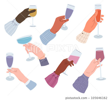 Drinks in hands set. People holding glass of wine or sparkling champagne, pint beer and bar cocktail. Beverages in glass, cup, bottle, wineglass Drinks in hands set. People holding glass of wine or sparkling champagne, pint beer and bar cocktail. Beverages in glass, cup, bottle, wineglass 105646162