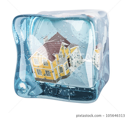 House frozen in ice cube, 3D rendering 105646313