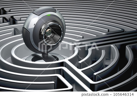 Webcam inside labyrinth maze. 3D rendering Webcam inside labyrinth maze. 3D rendering 105646314