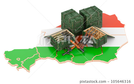 Map of republic of the Niger with weapons. Military supplies in Niger, concept. 3D rendering 105646316