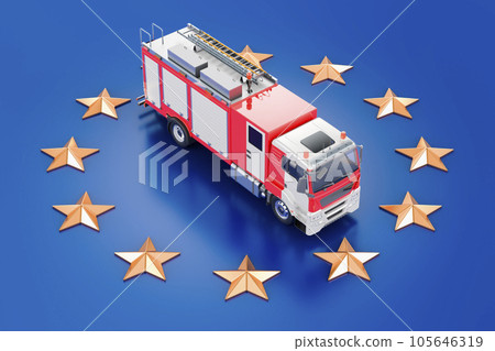 Fire engine truck on the European Union flag. 3D rendering 105646319