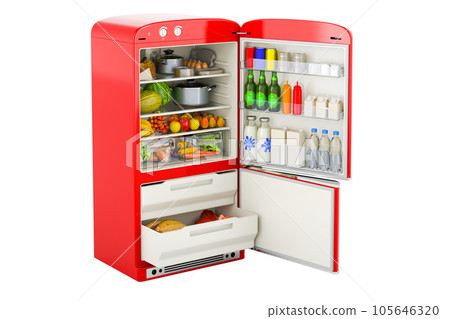 Open fridge with fresh fruits and vegetables and healthy food, 3D rendering 105646320