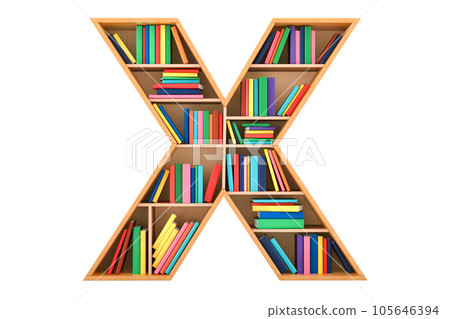 Letter X, alphabet in the form of shelves with books, 3D rendering 105646394