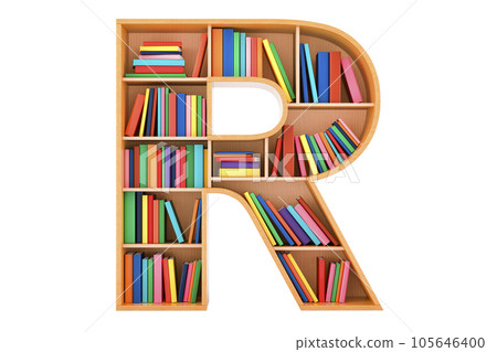 Letter R, alphabet in the form of shelves with books, 3D rendering 105646400