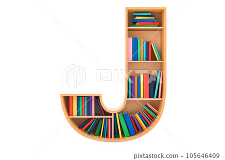 Letter J, alphabet in the form of shelves with books, 3D rendering 105646409
