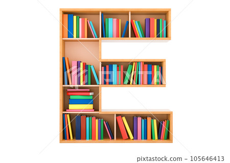 Letter E, alphabet in the form of shelves with books, 3D rendering 105646413
