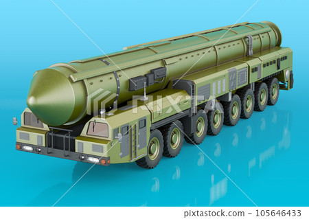 Scud missile, mobile short-range ballistic missile system on blue background, 3D rendering Scud missile, mobile short-range ballistic missile system on blue background, 3D rendering 105646433