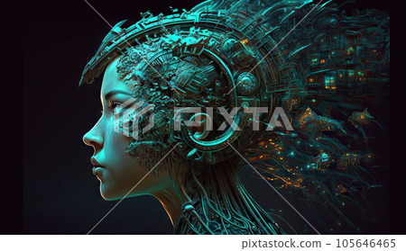 Female-looking robot connected to an electronic device - Artificial intelligence concept- Generative AI - AI Generated 105646465