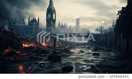 Post apocalypse in destroyed London, apocalyptic view after world war 105646491