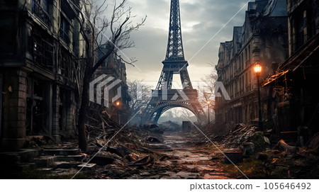 Post apocalypse in destroyed Paris, apocalyptic scene after world war 105646492