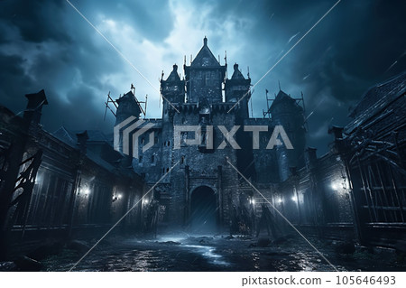Haunted Gothic castle at night, old dark spooky mansion on Halloween 105646493