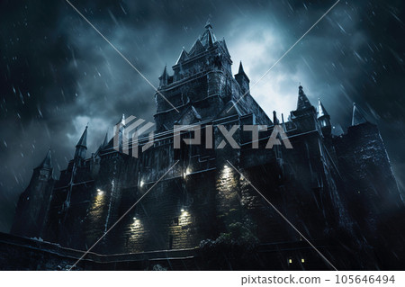 Haunted Gothic castle at night, old dark spooky mansion on Halloween 105646494