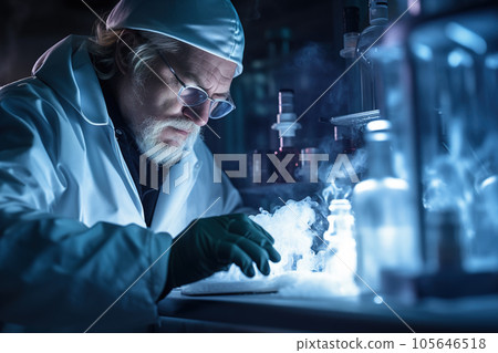 Medical worker works with Liquid Nitrogen cryostorage in modern lab 105646518