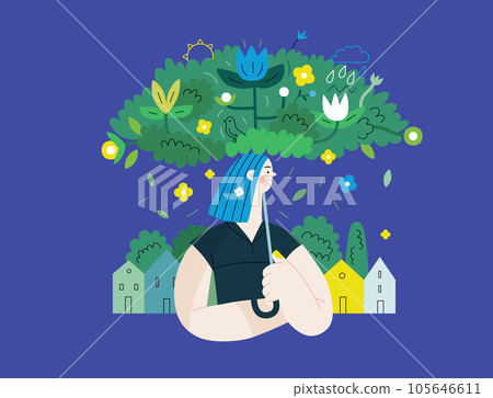 Greenery, ecology -modern flat vector concept illustration of a woman under the green lush umbrella of plants and flowers. Metaphor of environmental sustainability and protection, closeness to nature 105646611