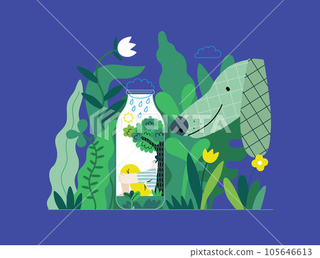 Greenery, ecology -modern flat vector concept illustration of a man in teh bottle, his ecosystem. Dog in a park. Metaphor of environmental sustainability and protection, closeness to nature Greenery, ecology -modern flat vector concept illustration of a man in teh bottle, his ecosystem. Dog in a park. Metaphor of environmental sustainability and protection, closeness to nature 105646613