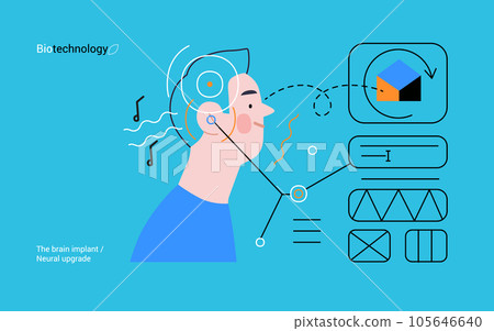 Bio Technology, Brain implant, Neural upgrade -modern flat vector concept illustration of brain implant, integration, enhanced cognitive abilities. Pushing boundaries of potential, neural upgrades Bio Technology, Brain implant, Neural upgrade -modern flat vector concept illustration of brain implant, integration, enhanced cognitive abilities. Pushing boundaries of potential, neural upgrades 105646640