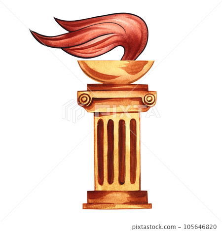 Olympic flame of ancient Greece. Torch in a bowl on a Greek column. Hand drawn watercolor illustration. Isolate. For the design of banners, packaging and labels. For postcards, prints and textiles. Olympic flame of ancient Greece. Torch in a bowl on a Greek column. Hand drawn watercolor illustration. Isolate. For the design of banners, packaging and labels. For postcards, prints and textiles. 105646820