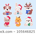 Christmas stickers, cute animals illustration set. Funny cartoon characters on New Yeas holiday. Deer, puppy, kitten, fox, hare, teddy bear and Christmas decorations. Vector in flat style. 105646825