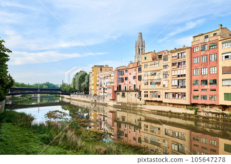 View of old town Girona, Catalonia, Spain, Europe. Summer travel. 105647278