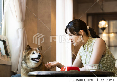 Young woman feeding her dog at a dock cafe 105647463