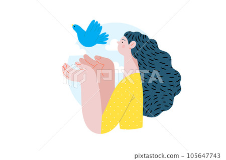 War and peace - Dove of peace -modern flat vector concept digital illustration of young woman releasing a dove. Ukranian flag colored illustartion. Creative anti-war poster. 105647743