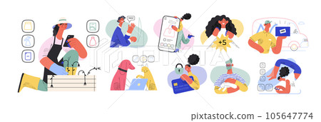 Online shopping and electronic commerce illustrations set - modern flat vector concept illustration of people and objects on online shopping. Promotion, discounts, sale and online orders concept Online shopping and electronic commerce illustrations set - modern flat vector concept illustration of people and objects on online shopping. Promotion, discounts, sale and online orders concept 105647774