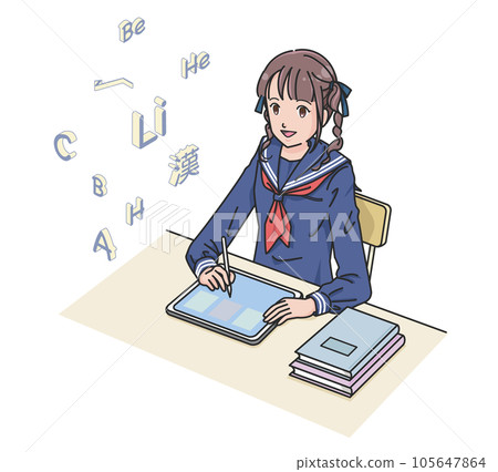 A female student in a sailor suit studying on a tablet PC A female student in a sailor suit studying on a tablet PC 105647864