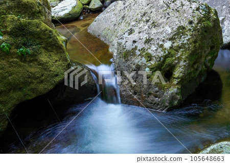 赤目四十八瀑布,被青苔覆蓋的岩石包圍的清涼瀑布風景 赤目四十八瀑布,被青苔覆蓋的岩石包圍的清涼瀑布風景 105648663
