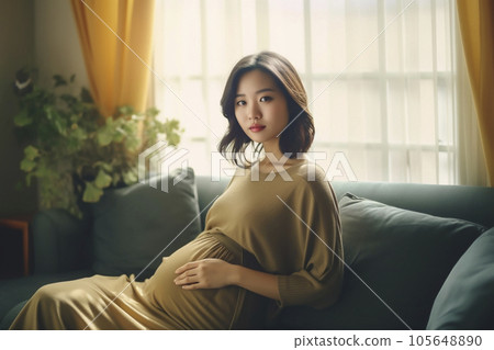 房間沙發上坐著大肚子的日本孕婦“AI生成圖像” 105648890