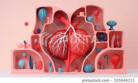3D illustration of the human organ systems, Human internal organs. Anatomy. Nervous, circulatory, digestive, excretory, urinary,and bone systems. Medical education concept, Generative AI illustration 105649151