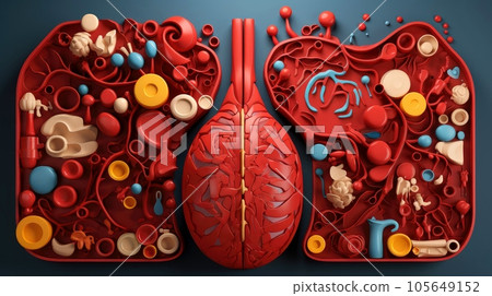 3D illustration of the human organ systems, Human internal organs. Anatomy. Nervous, circulatory, digestive, excretory, urinary,and bone systems. Medical education concept, Generative AI illustration 105649152