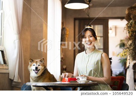碼頭咖啡館年輕女子柴犬看著鏡頭 碼頭咖啡館年輕女子柴犬看著鏡頭 105649520