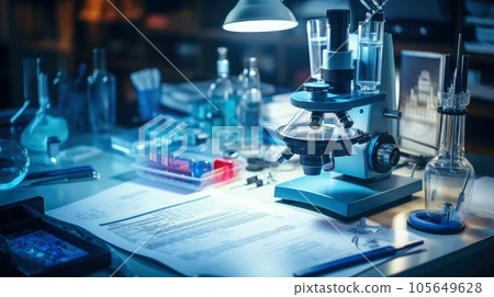 Close-up shot of microscope with metal lens at laboratory. Microscope on the table with chemical tube and glassware in laboratory, Science research technology, Generative AI illustration 105649628