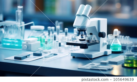 Close-up shot of microscope with metal lens at laboratory. Microscope on the table with chemical tube and glassware in laboratory, Science research technology, Generative AI illustration 105649639