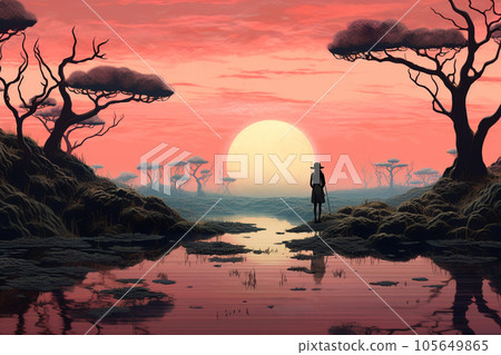 AI-generated image Illustration of a fantastic sun and land AI-generated image Illustration of a fantastic sun and land 105649865