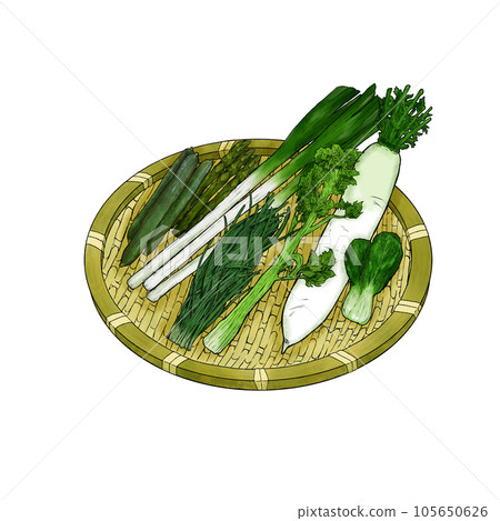 Illustration material of green and yellow vegetables on a colander 105650626