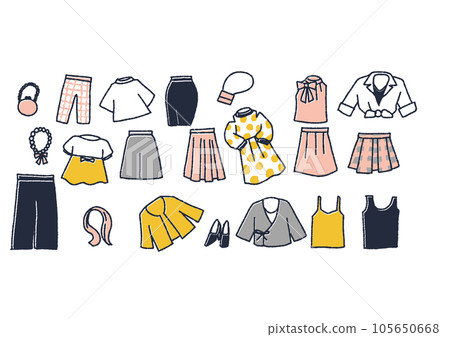 Illustration set of various women's fashion clothes and accessories 105650668