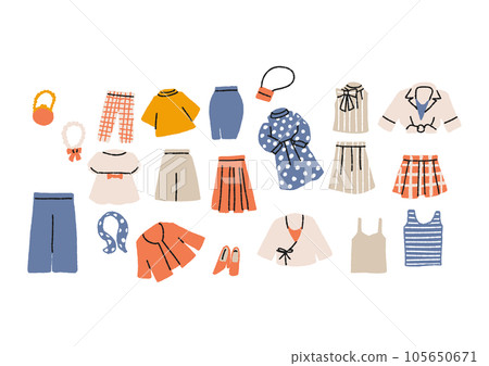 Illustration set of various women's fashion clothes and accessories (flat) 105650671