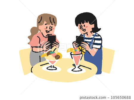 兩名女性用智能手機拍攝看起來美味的糖果的插圖 兩名女性用智能手機拍攝看起來美味的糖果的插圖 105650688