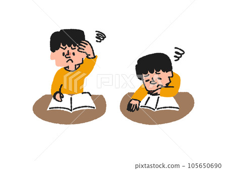 Illustration set of a boy who is studying but is frustrated because it is difficult and a boy who feels that studying is boring Illustration set of a boy who is studying but is frustrated because it is difficult and a boy who feels that studying is boring 105650690