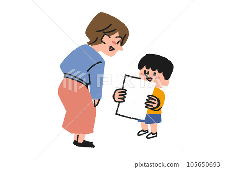 Illustration of a boy showing his mother that he got a good score on a test or exam 105650693