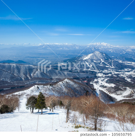 Steep slope course and mountains overlooked from the ski resort ropeway summit station (Ryuoo Ski Park, Nagano Prefecture) Steep slope course and mountains overlooked from the ski resort ropeway summit station (Ryuoo Ski Park, Nagano Prefecture) 105650795