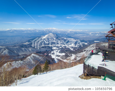 從滑雪場索道山頂站俯瞰陡坡路線和山脈（長野縣龍王滑雪公園） 105650796
