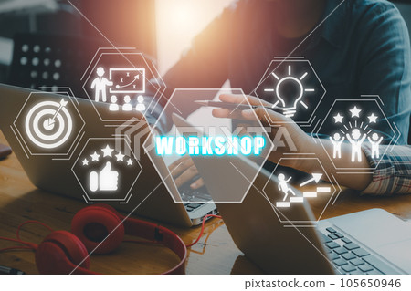 Workshop concept, Business team working on laptop computer with workshop icon on virtual screen. 105650946