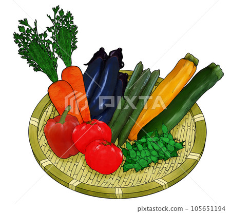 漏勺上的夏季綠色和黃色蔬菜插畫素材 105651194