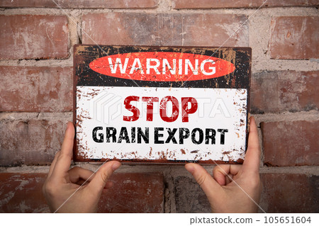 Stop Grain Export Concept. Warning sign on brick background Stop Grain Export Concept. Warning sign on brick background 105651604