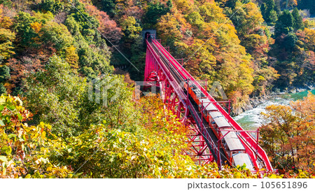 Kurobe Gorge in Autumn: Torokko Train Running on Shinyamabiko Bridge Kurobe Gorge in Autumn: Torokko Train Running on Shinyamabiko Bridge 105651896